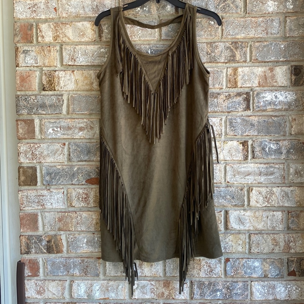 NWT Ya Los Angeles green maybe faux suede fringe dress. Very soft